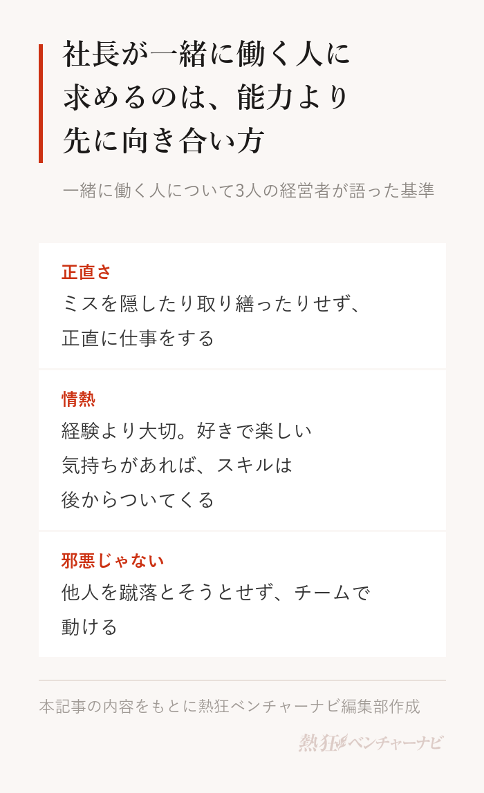 一緒に働く人について3人の経営者が語った基準。ミスを隠したり取り繕ったりしない正直者であること。経験より大切な、好きで楽しいという情熱。他人を蹴落とそうとせずチームで動ける「邪悪じゃない」こと。